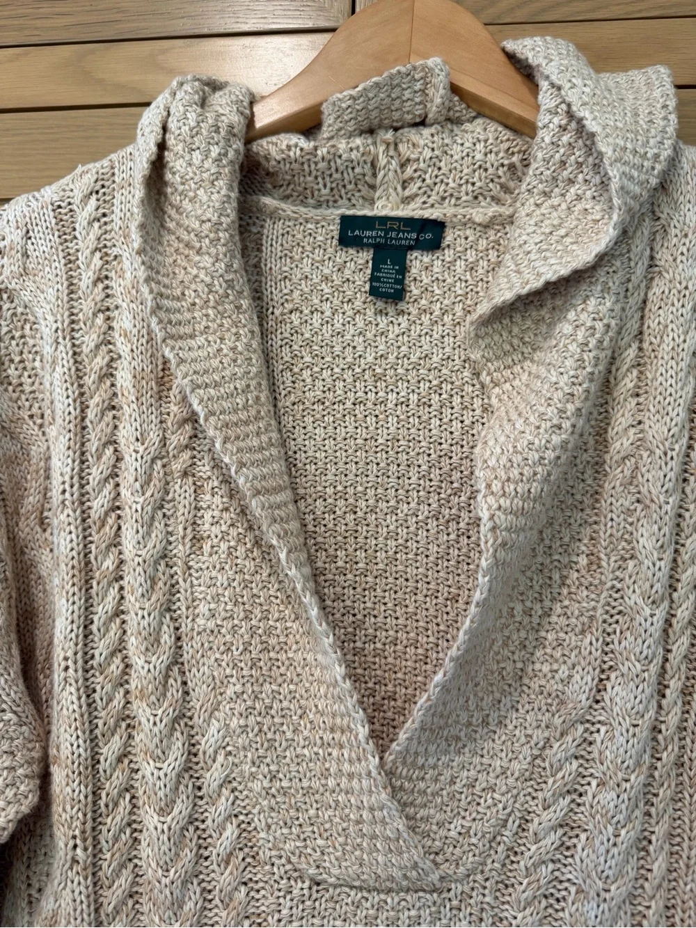 Lauren Ralph Lauren Cream Heather Cable-Knit V-Neck Hoodie Sweater Cotton LG - Picture 5 of 12